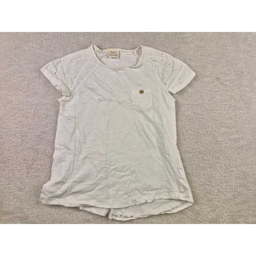 Zara Girls White Eyelet Lace Short Sleeve Pocket Top Size 7 Slub Knit Tee